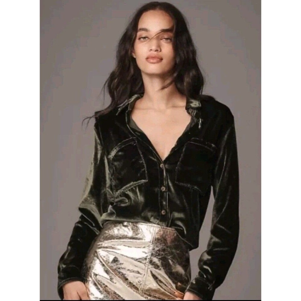 NWT Anthropologie Pilcro Hadley Velvet Blouse Shirt Olive Green Long Sleeve XXS